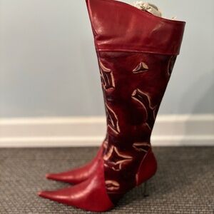 Vintage Red Leather Boots with Unique Marbled Pattern - Size 40